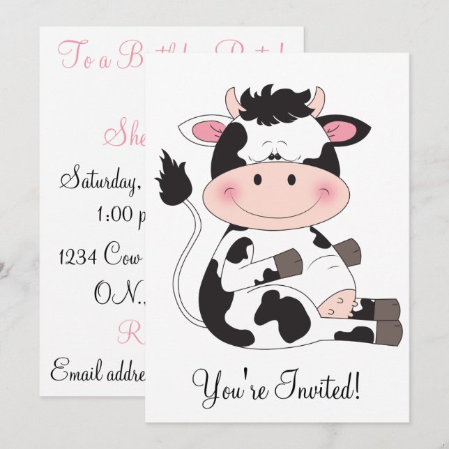Niedlicher Baby Cow Cartoon Einladung (Vorne/Hinten)