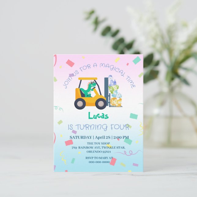 Niedlicher Baby-Dinosaurier-Traktor Truck Geburtst Postkarte (Stehend Vorderseite)