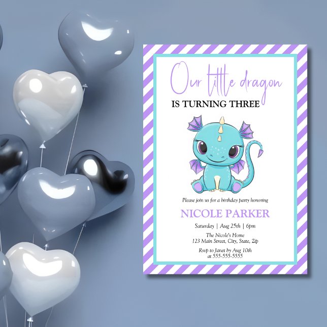 Niedlicher Baby Dragon Lila Stripes Geburtstag Einladung (Von Creator hochgeladen)