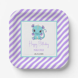 Niedlicher Baby Dragon Lila Stripes Geburtstag Pappteller