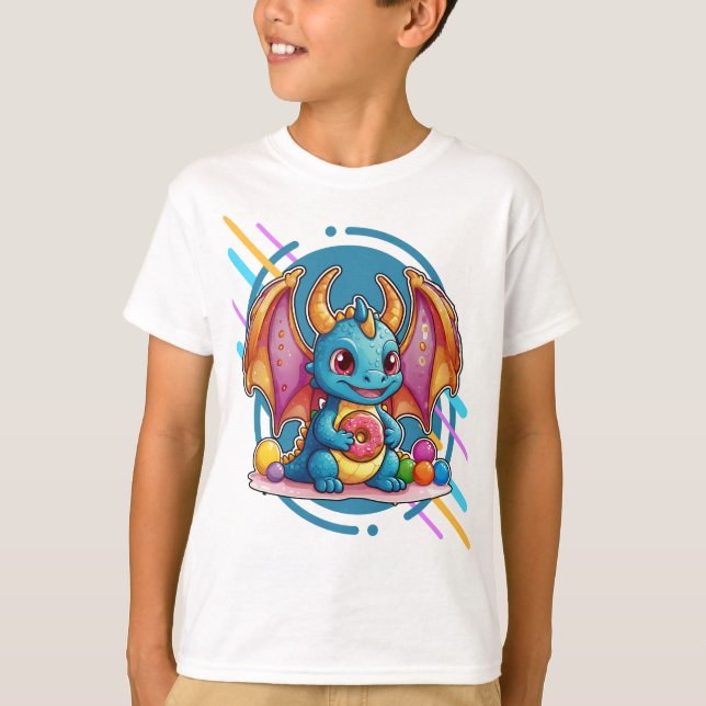 Niedlicher Baby Dragon mit Donut T-Shirt (Vorderseite)