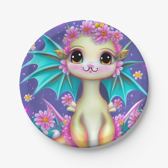 Niedlicher Baby Dragon mit rosa Blume Fleece Blank Pappteller (Vorderseite)