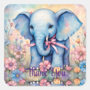 Niedlicher Baby Elefant in einem Pastelgarten DANK Quadratischer Aufkleber
