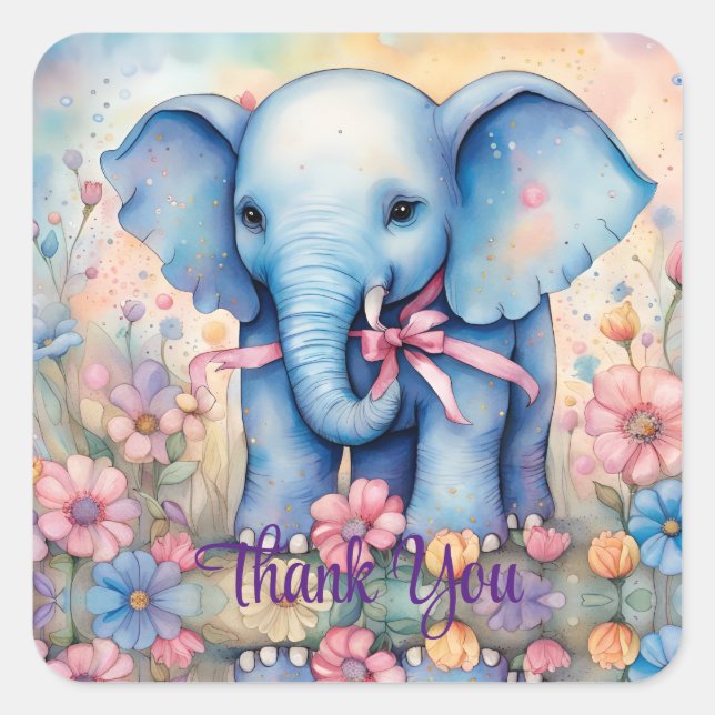 Niedlicher Baby Elefant in einem Pastelgarten DANK Quadratischer Aufkleber (Vorderseite)