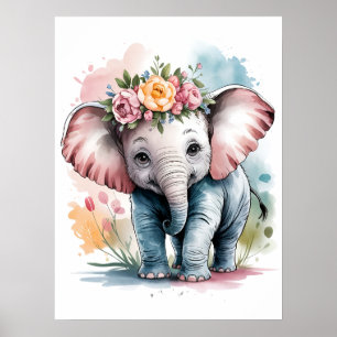 Niedlicher Baby-Elefant mit Blumenkrone Poster