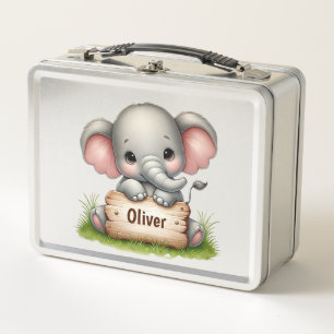 Niedlicher Baby Elefant mit Namensschild Metall Brotdose