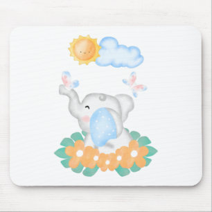 Niedlicher Baby Elefant mit orangefarbenen Blume M Mousepad