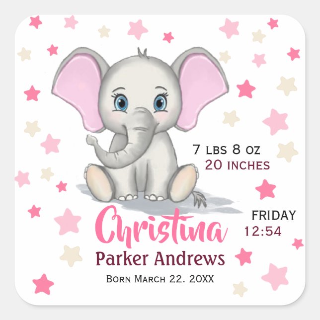 Niedlicher Baby Elefant mit rosa Ohren Mädchen Geb Quadratischer Aufkleber (Vorderseite)