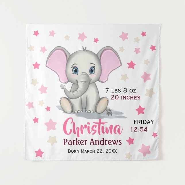 Niedlicher Baby Elefant mit rosa Ohren Mädchen Geb Wandteppich (Vorderseite)