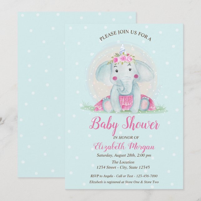 Niedlicher Baby Elephant, Blue Dots Baby Dusche Einladung (Vorne/Hinten)