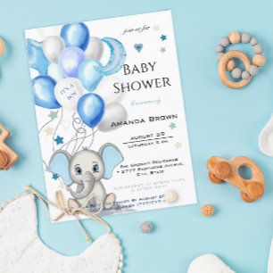 Niedlicher Baby Elephant mit Balloons Baby Boy Dus Einladungspostkarte