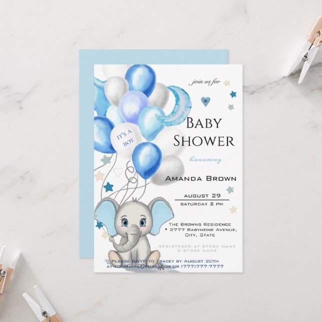 Niedlicher Baby Elephant mit Balloons Boy Baby Dus Einladung (Vorderseite/Rückseite Beispiel)