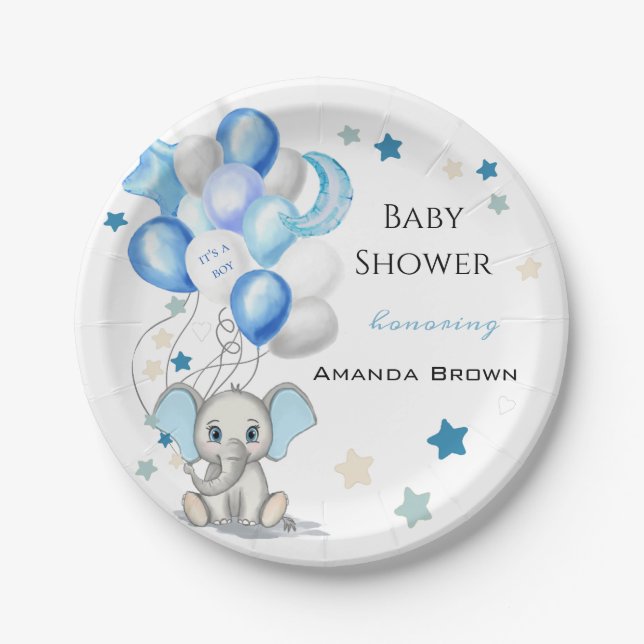 Niedlicher Baby Elephant mit Balloons Boy Baby Dus Pappteller (Vorderseite)