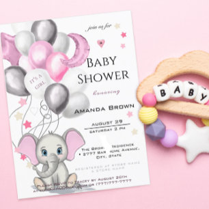 Niedlicher Baby Elephant mit Balloons Girl Baby Sh Einladungspostkarte