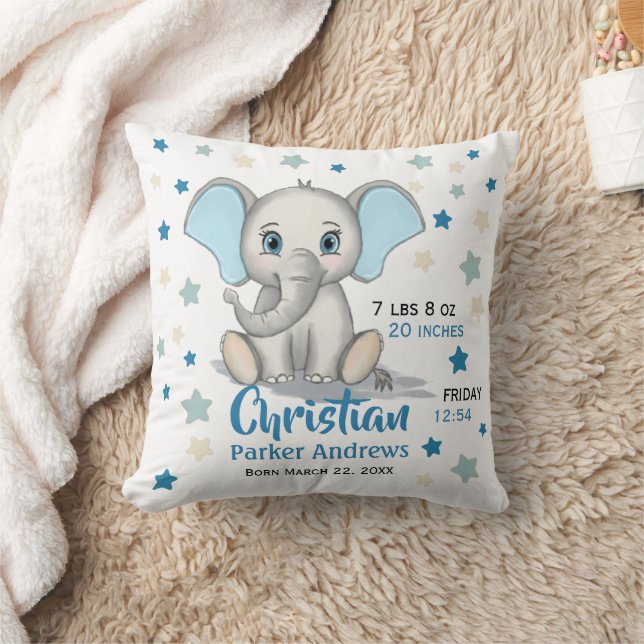 Niedlicher Baby Elephant mit Blue Oars Boy Geburts Kissen (Decke)
