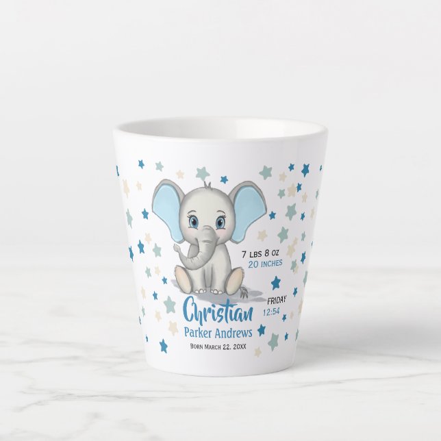 Niedlicher Baby Elephant mit Blue Oars Boy Geburts Milchtasse (Vorderseite)