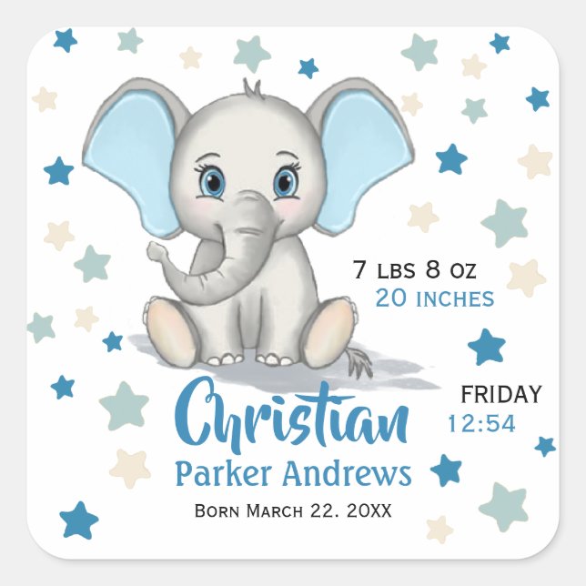 Niedlicher Baby Elephant mit Blue Oars Boy Geburts Quadratischer Aufkleber (Vorderseite)