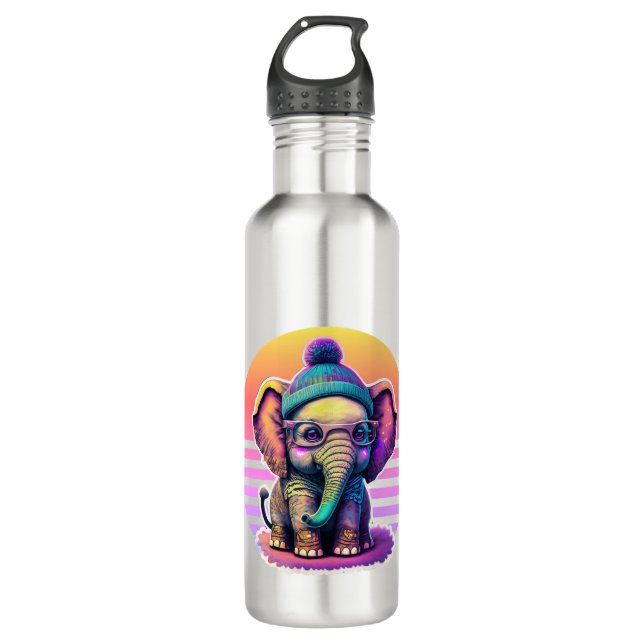 Niedlicher Baby Elephant mit Brille und Beanie Edelstahlflasche (Vorderseite)