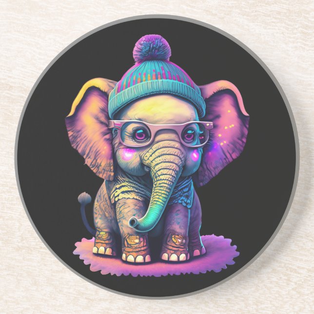 Niedlicher Baby Elephant mit Brille und Beanie Getränkeuntersetzer (Vorne)