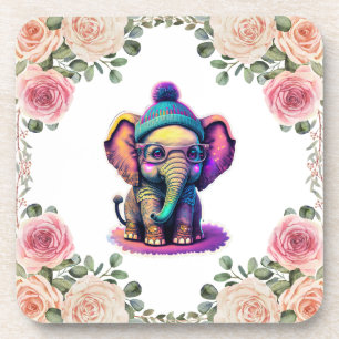 Niedlicher Baby Elephant mit Brille und Beanie Getränkeuntersetzer