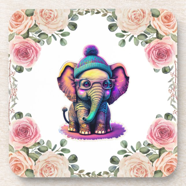 Niedlicher Baby Elephant mit Brille und Beanie Getränkeuntersetzer (Vorderseite)