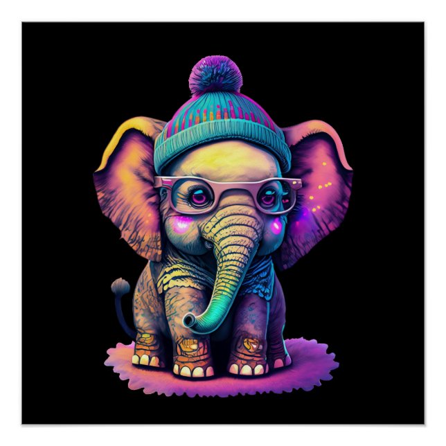 Niedlicher Baby Elephant mit Brille und Beanie Poster (Vorderseite)