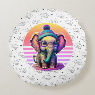 Niedlicher Baby Elephant mit Brille und Beanie Rundes Kissen