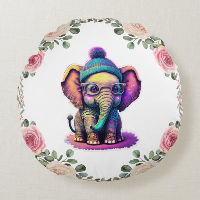 Niedlicher Baby Elephant mit Brille und Beanie Rundes Kissen (Vorderseite)