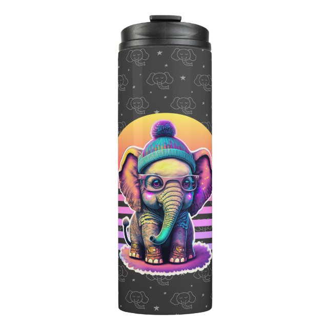 Niedlicher Baby Elephant mit Brille und Beanie Thermosbecher (Vorderseite)