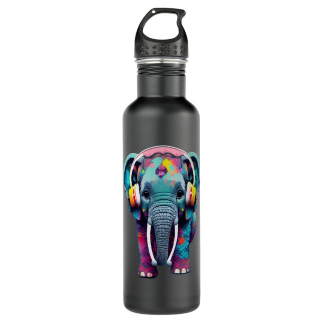 Niedlicher Baby Elephant mit Kopfhörern Edelstahlflasche (Vorderseite)