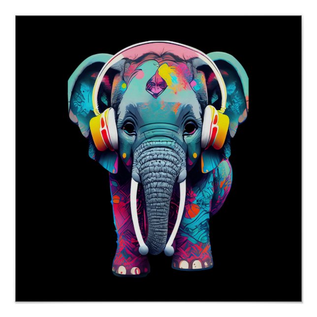 Niedlicher Baby Elephant mit Kopfhörern Poster (Vorderseite)