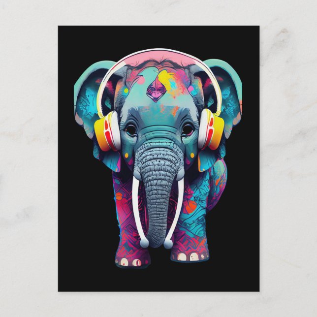 Niedlicher Baby Elephant mit Kopfhörern Postkarte (Vorderseite)