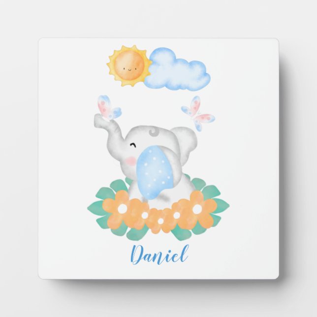 Niedlicher Baby Elephant mit orangefarbenen Blume  Fotoplatte (Vorderseite)