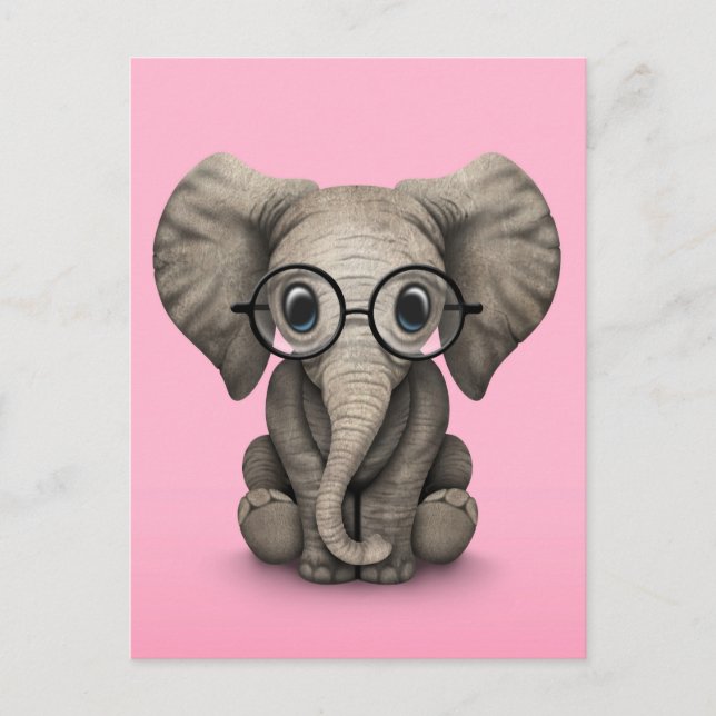 Niedlicher Baby Elephant mit Reading Glasses Pink Postkarte (Vorderseite)