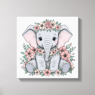 Niedlicher Baby Elephant mit rosa Blume Leinwanddruck