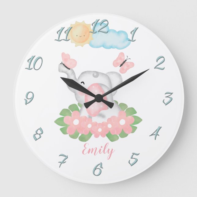 Niedlicher Baby Elephant mit rosa Blume Wall Clock Große Wanduhr (Vorderseite)