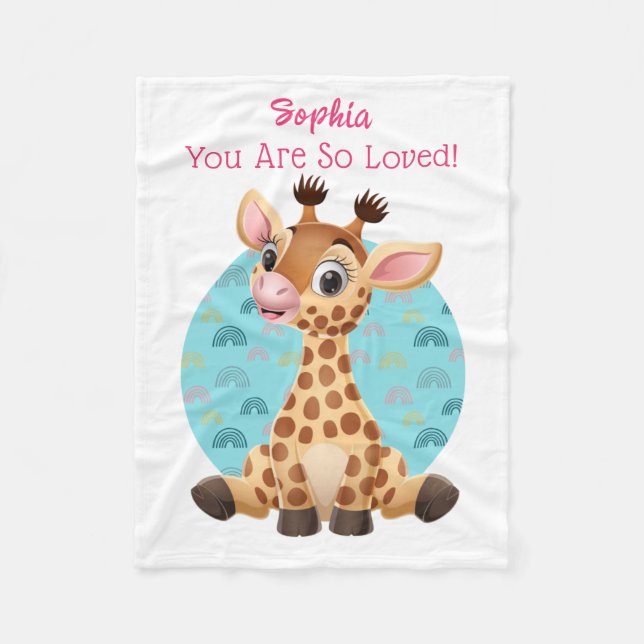Niedlicher Baby-Giraffe-Cartoon, Name und Nachrich Fleecedecke (Vorderseite)