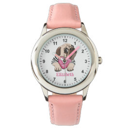 Niedlicher Baby Mops mit Pink Heart Donut Girl's F Armbanduhr