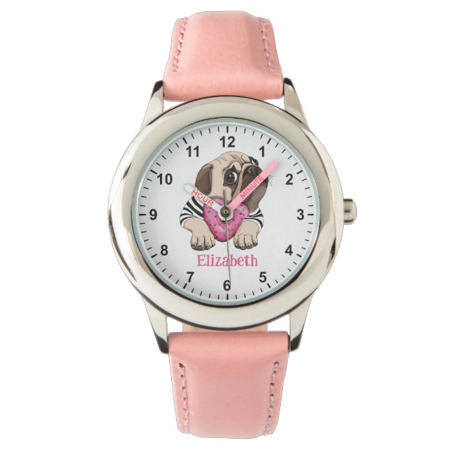 Niedlicher Baby Mops mit Pink Heart Donut Girl's F Armbanduhr (Vorderseite)