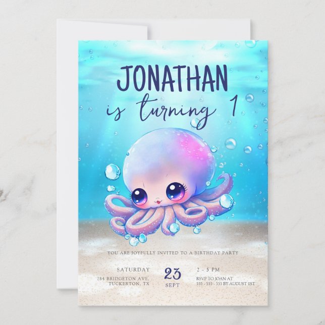 Niedlicher Baby Octopus Wasserfarbe Kindergeburtst Einladung (Vorderseite)