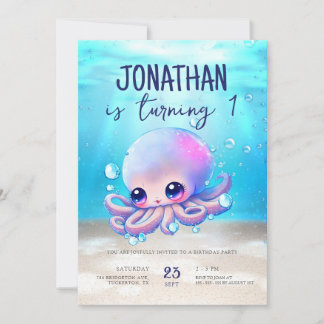 Niedlicher Baby Octopus Wasserfarbe Kindergeburtst Einladung