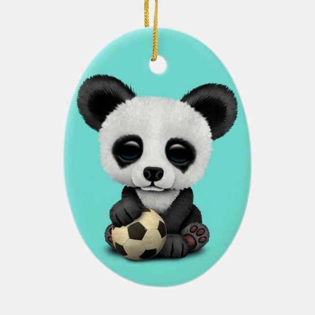 Niedlicher Baby-Panda mit Fußball-Fußball-Ball Keramik Ornament (Hinten)