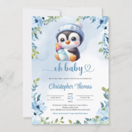 Niedlicher Baby Pinguin Aquarellblau Blütenschlang Einladung