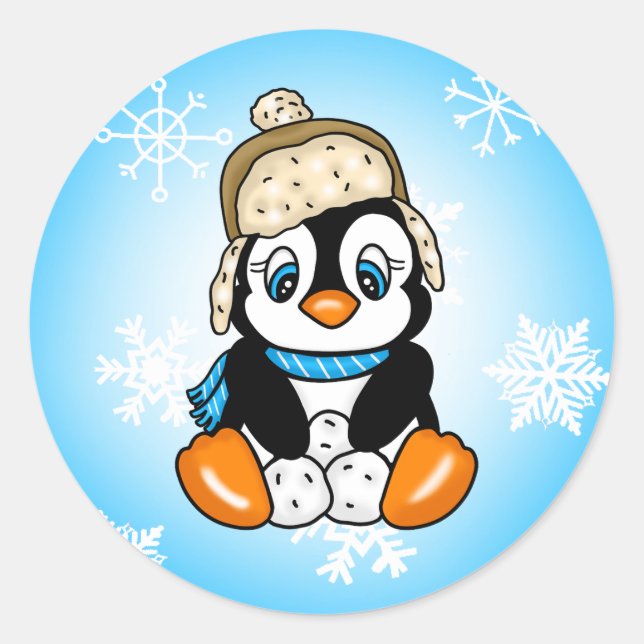 Niedlicher Baby Pinguin mit Schneeflocken Hintergr Runder Aufkleber (Vorderseite)