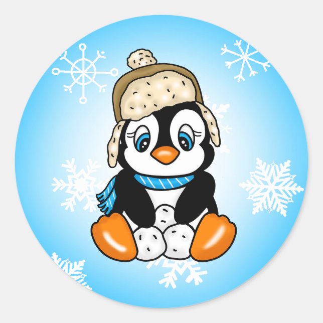 Niedlicher Baby Pinguin mit Schneeflocken Hintergr Runder Aufkleber (Vorderseite)