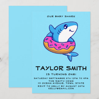 Niedlicher Baby Shark mit Doughnut Geburtstagspart Einladung