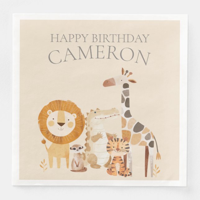 Niedlicher Baby Zoo Animals Individuelle Name Beig Serviette (Vorderseite)