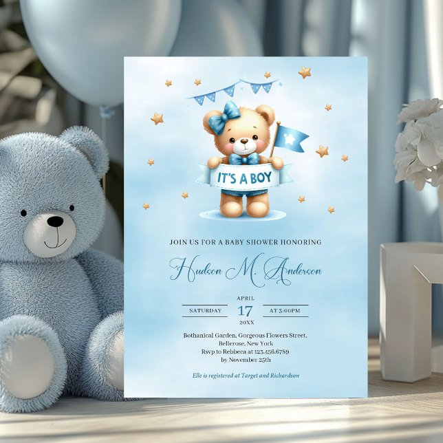 Niedlicher Babybär, ein Kindermädchen Einladung (teddy bear with ribbon it's a boy baby shower invitation)