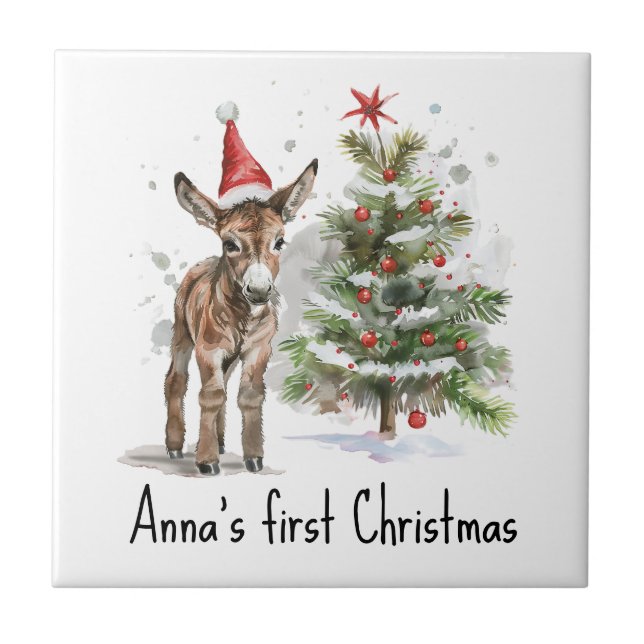 niedlicher Babydonkey und Weihnachtsbaum, kundensp Fliese (Vorderseite)