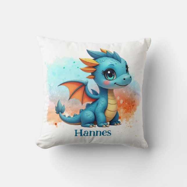 Niedlicher Babydrache blau orange - Kinder Kissen (Vorderseite)